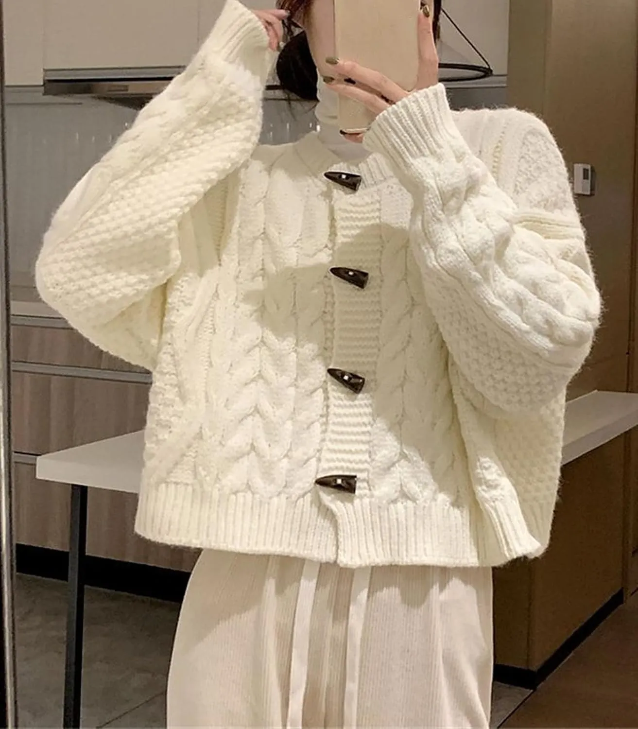 DAIMIDY Women's Horn Toggle Button Long Sleeve Cable Knit Cropped Cardigans