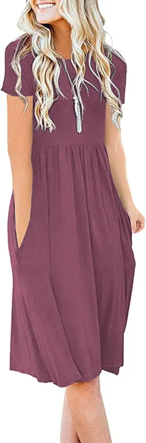 DB MOON Women Summer Casual Short Sleeve Dresses Empire Waist Dress with Pockets