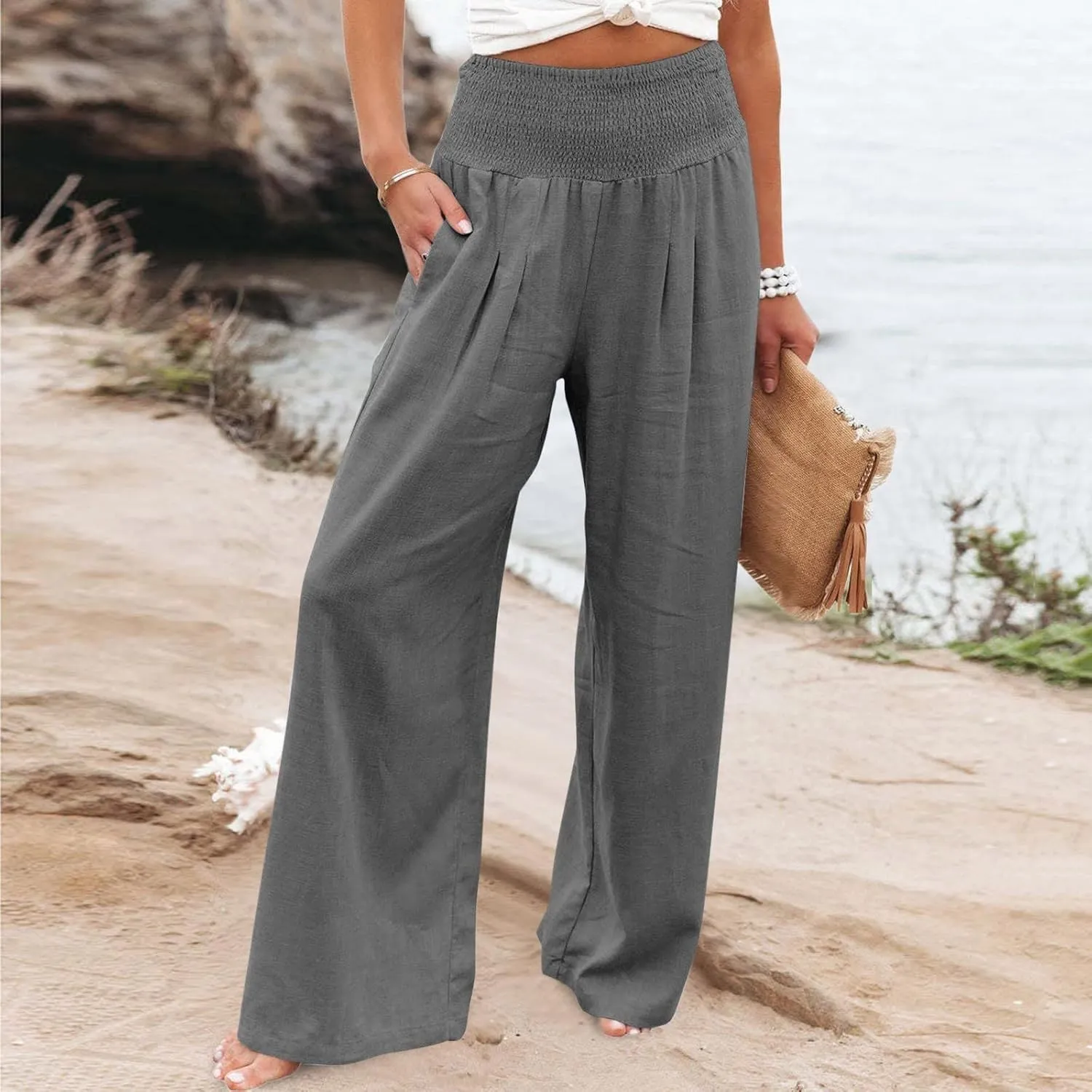 DDAPJ pyju Women Linen Palazzo Pants 2025 Summer High Waisted Wide Leg Lounge Pant Pleated Beach Travel Trousers with Pockets