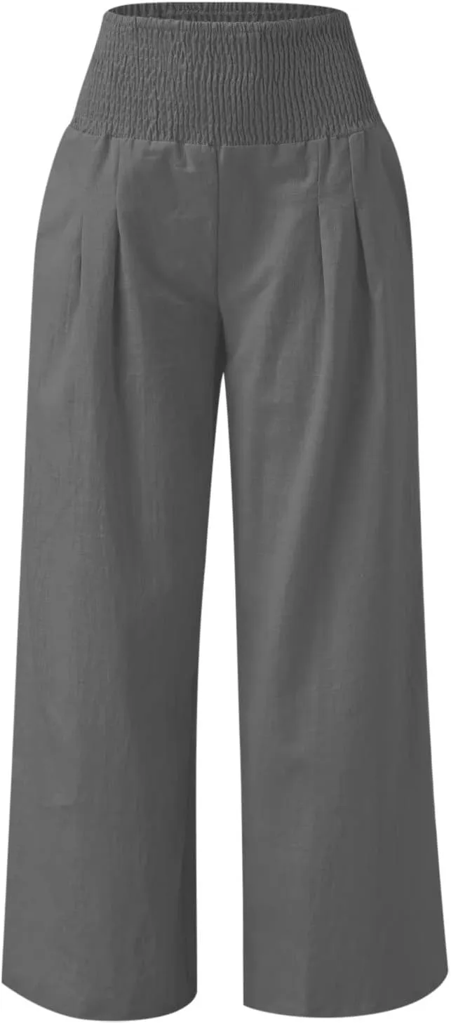 DDAPJ pyju Women Linen Palazzo Pants 2025 Summer High Waisted Wide Leg Lounge Pant Pleated Beach Travel Trousers with Pockets