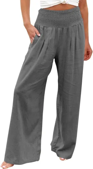DDAPJ pyju Women Linen Palazzo Pants 2025 Summer High Waisted Wide Leg Lounge Pant Pleated Beach Travel Trousers with Pockets