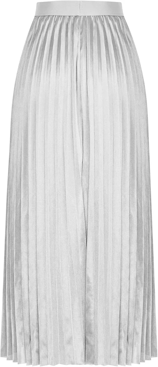 DDAPJ pyju Women's Pleated Maxi Skirt Satin Metallic Accordion Skirts Plus Size Casual High Waist Flowy A-Line Long Skirt