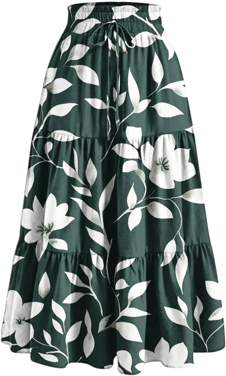 DDAPJ pyju Women's Summer Boho Tiered Maxi Skirt 2025 Trendy Floral Printed Elastic High Waist Pleated Long Beach Skirts