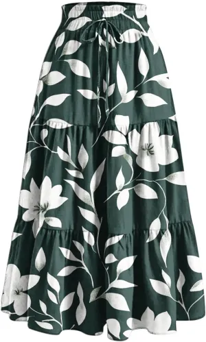 DDAPJ pyju Women's Summer Boho Tiered Maxi Skirt 2025 Trendy Floral Printed Elastic High Waist Pleated Long Beach Skirts