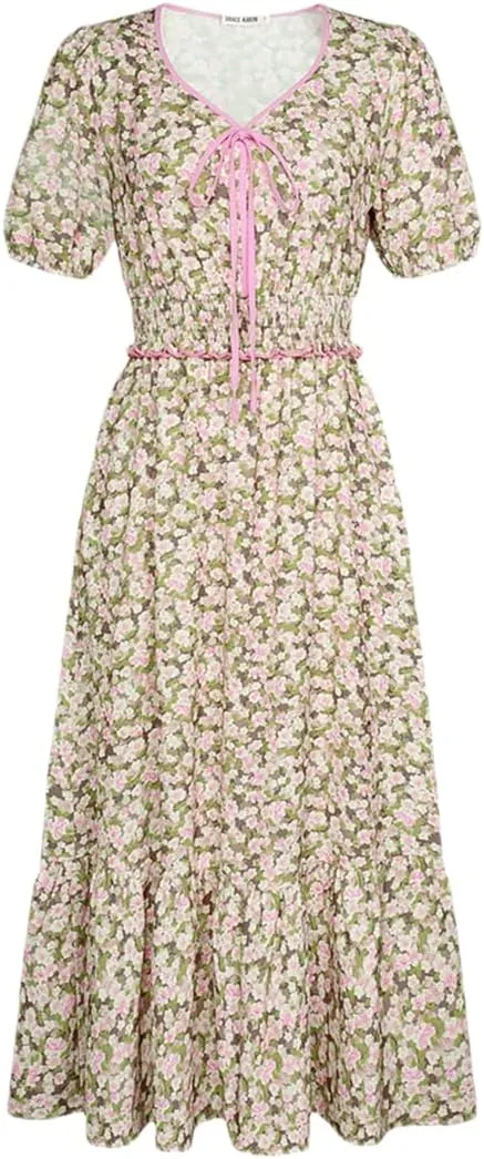 Dndrdhfb Women's Elastic Waist Dress Short Sleeve V-Neck Layered A-Line Midi Dress