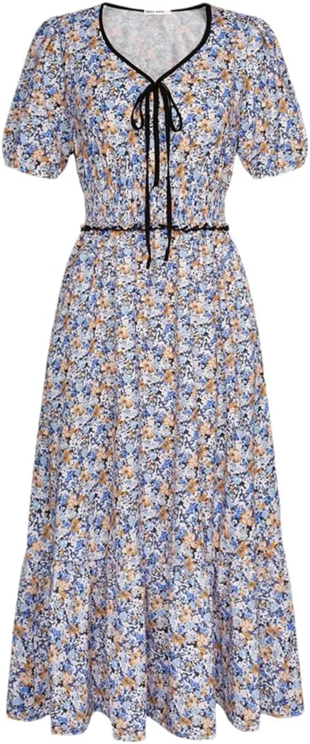 Dndrdhfb Women's Elastic Waist Dress Short Sleeve V-Neck Layered A-Line Midi Dress