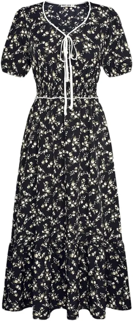 Dndrdhfb Women's Elastic Waist Dress Short Sleeve V-Neck Layered A-Line Midi Dress