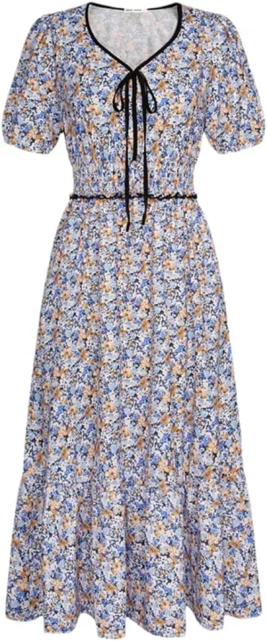 Dndrdhfb Women's Elastic Waist Dress Short Sleeve V-Neck Layered A-Line Midi Dress