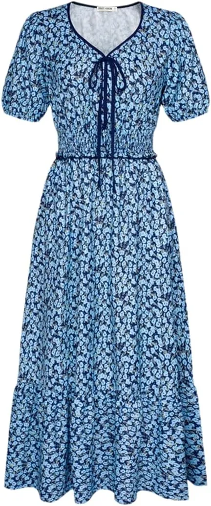 Dndrdhfb Women's Elastic Waist Dress Short Sleeve V-Neck Layered A-Line Midi Dress