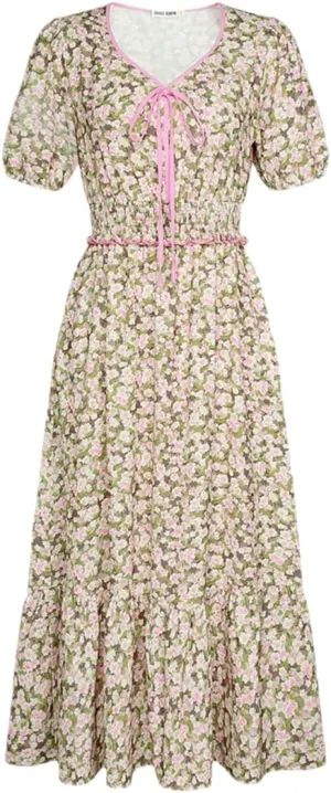 Dndrdhfb Women's Elastic Waist Dress Short Sleeve V-Neck Layered A-Line Midi Dress