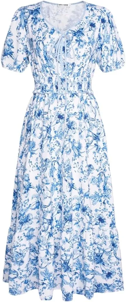 Dndrdhfb Women's Elastic Waist Dress Short Sleeve V-Neck Layered A-Line Midi Dress