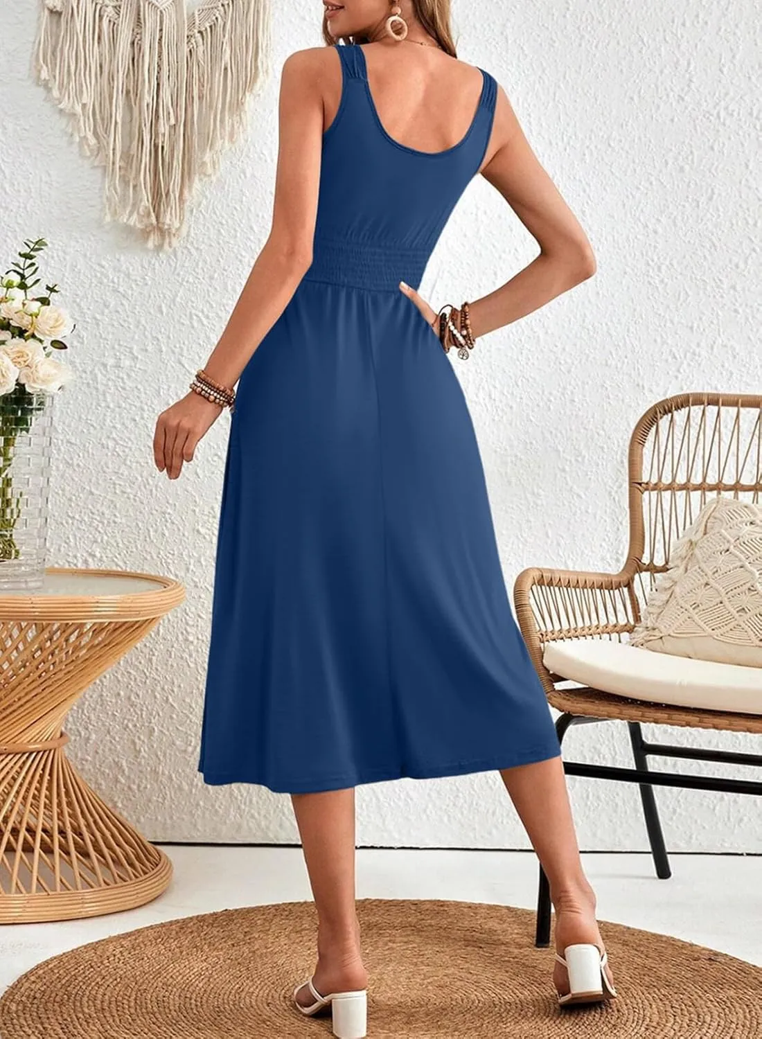 Dokotoo Womens Summer Dresses 2025 Sleeveless Button Down Smocked Empire Waist Casual A-Line Swing Midi Dress Sundress