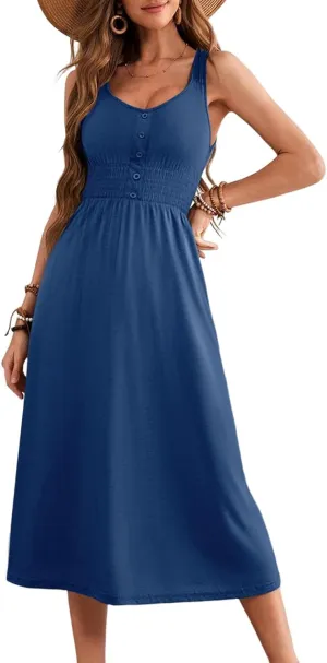 Dokotoo Womens Summer Dresses 2025 Sleeveless Button Down Smocked Empire Waist Casual A-Line Swing Midi Dress Sundress