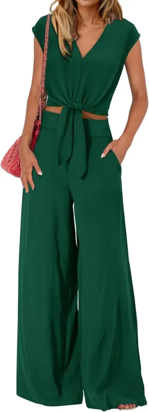 dowerme Women's Summer 2 Piece Outfits Cap Sleeve Strappy Crop Top Wide Leg Pant Sets Casual Tracksuit Lounge Wear 2025