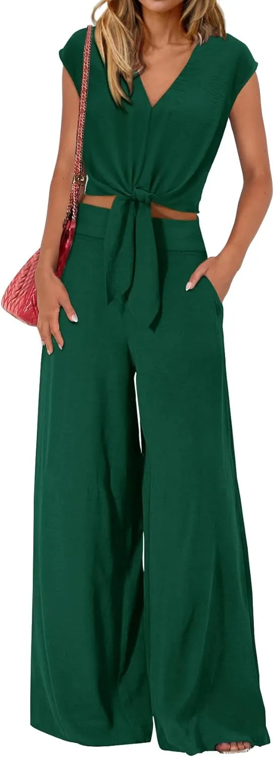 dowerme Women's Summer 2 Piece Outfits Cap Sleeve Strappy Crop Top Wide Leg Pant Sets Casual Tracksuit Lounge Wear 2025
