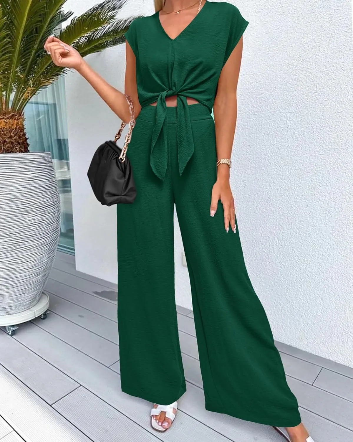 dowerme Women's Summer 2 Piece Outfits Cap Sleeve Strappy Crop Top Wide Leg Pant Sets Casual Tracksuit Lounge Wear 2025