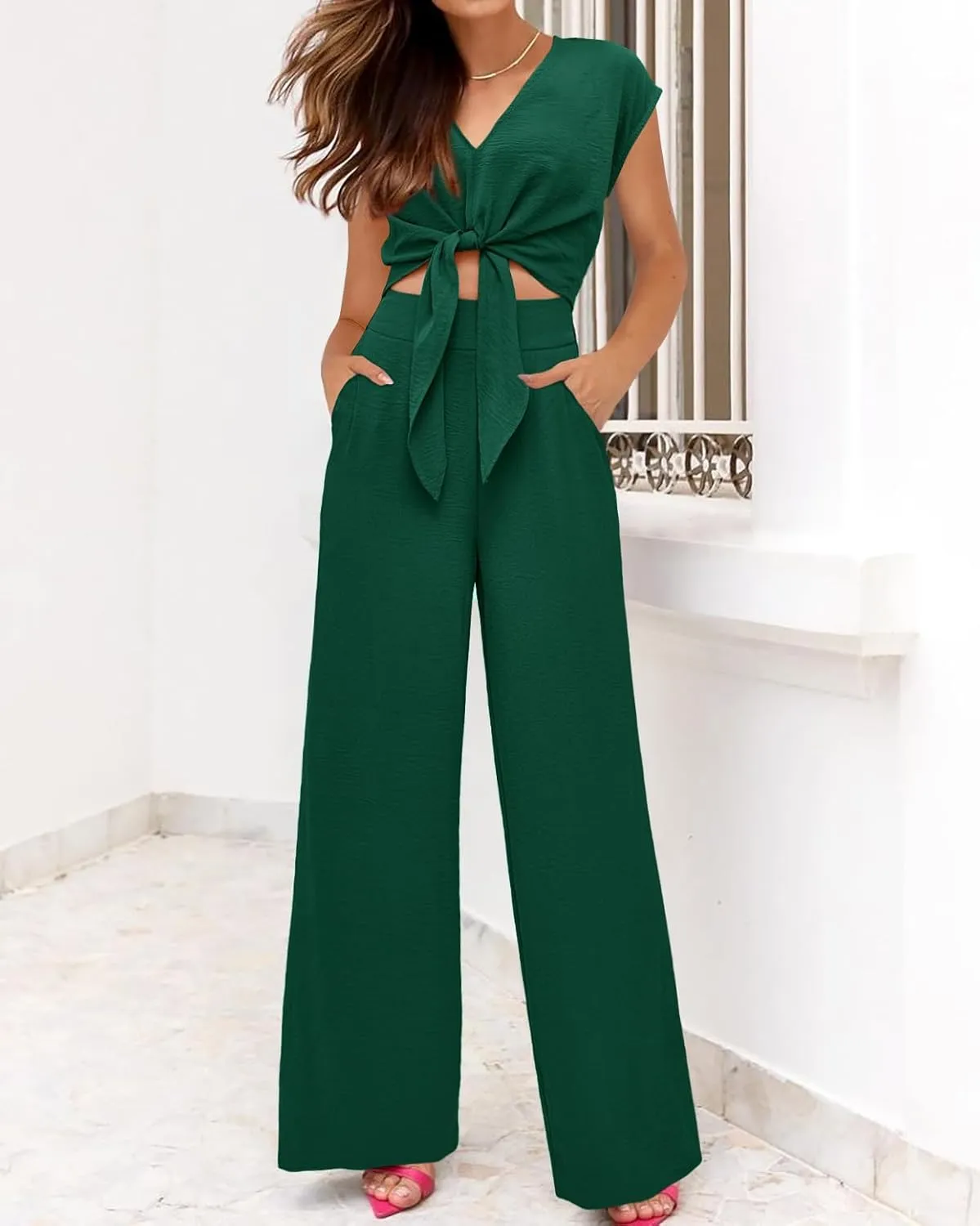 dowerme Women's Summer 2 Piece Outfits Cap Sleeve Strappy Crop Top Wide Leg Pant Sets Casual Tracksuit Lounge Wear 2025
