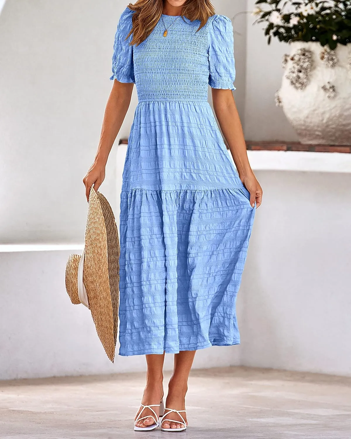dowerme Womens Summer Dresses 2025 Casual Puff Short Sleeve Crewneck Smocked Flowy Ruffle Boho Beach Party Maxi Sundress