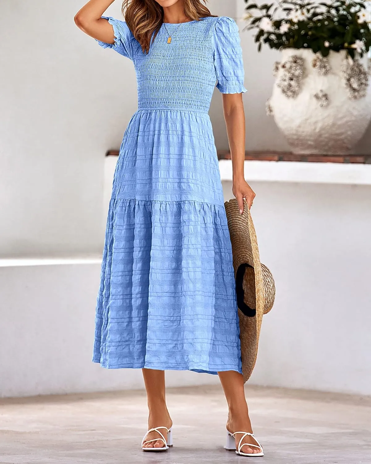 dowerme Womens Summer Dresses 2025 Casual Puff Short Sleeve Crewneck Smocked Flowy Ruffle Boho Beach Party Maxi Sundress