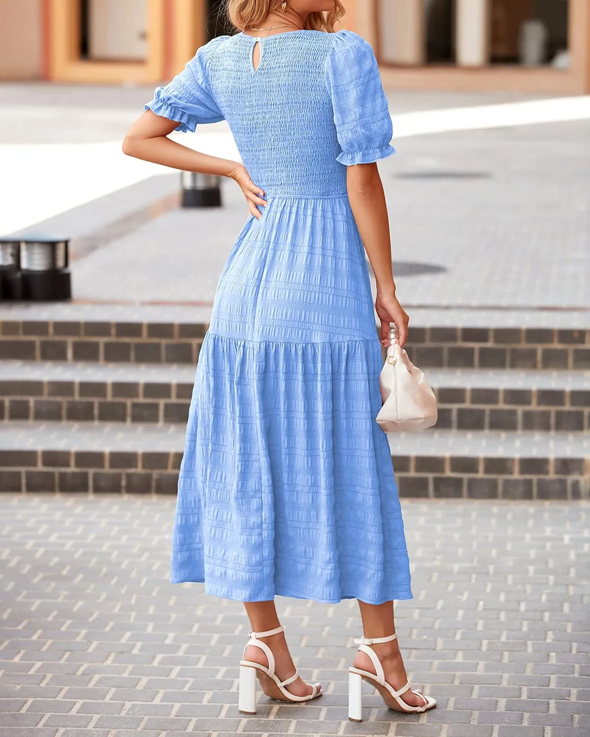 dowerme Womens Summer Dresses 2025 Casual Puff Short Sleeve Crewneck Smocked Flowy Ruffle Boho Beach Party Maxi Sundress