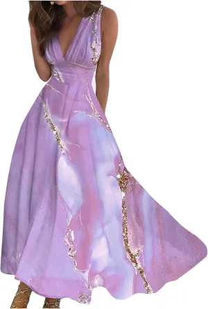 Dresses for Women 2025 Flowy Ruched Sleeveless Beach Dresses Wrap V Neck Floral Printed Maxi Dress Boho Sundresses