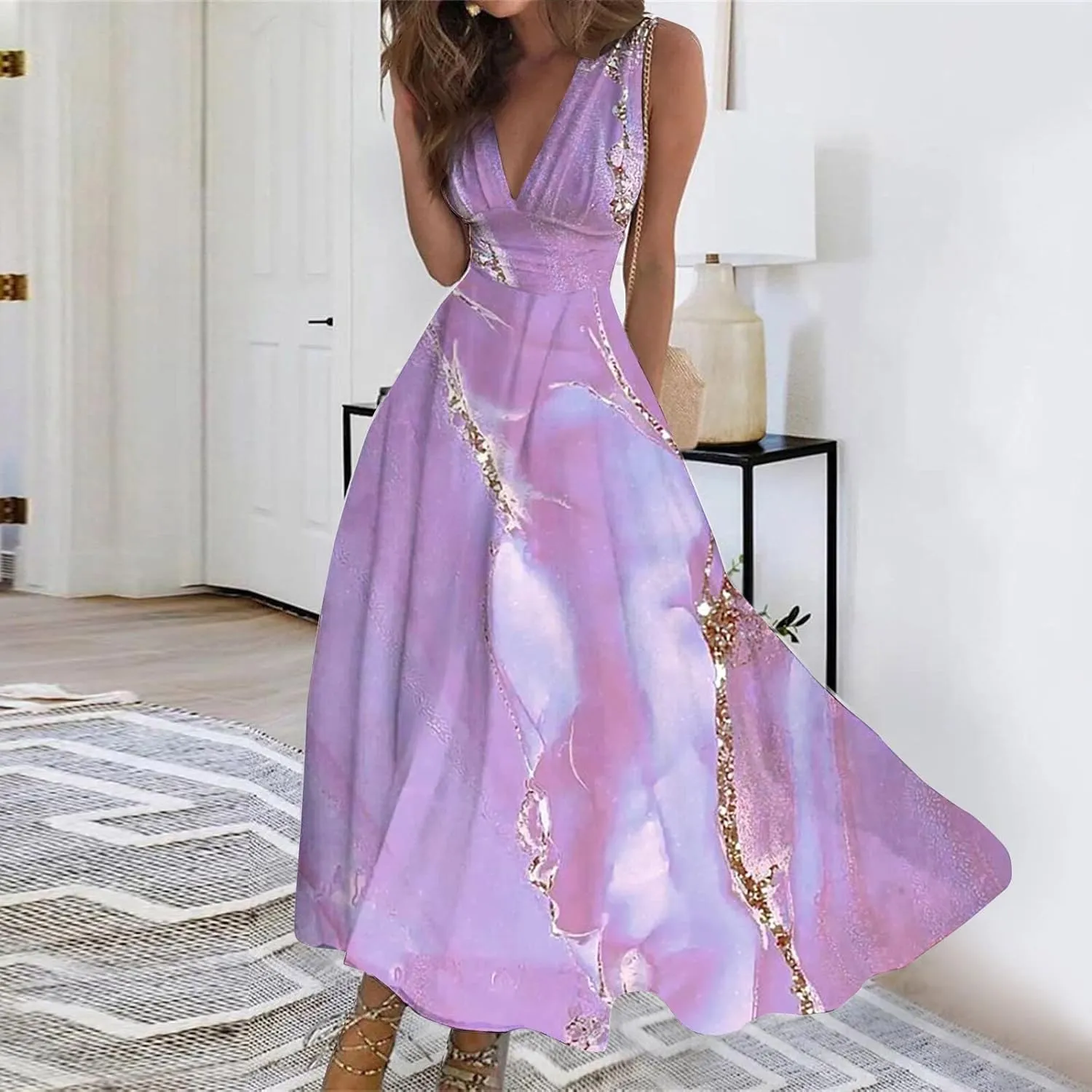 Dresses for Women 2025 Flowy Ruched Sleeveless Beach Dresses Wrap V Neck Floral Printed Maxi Dress Boho Sundresses