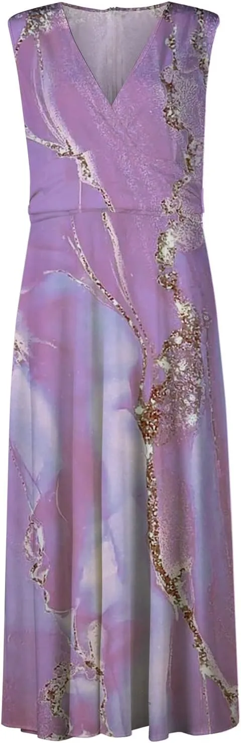 Dresses for Women 2025 Flowy Ruched Sleeveless Beach Dresses Wrap V Neck Floral Printed Maxi Dress Boho Sundresses