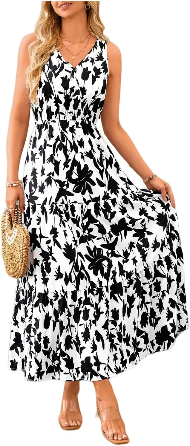Dresses for Women Trendy Boho Floral V Neck Long Sundress Casual Sleeveless Maxi Dresses High Waist Wedding Guest Dress