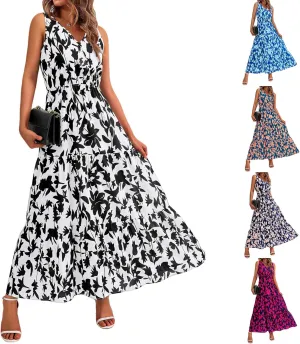 Dresses for Women Trendy Boho Floral V Neck Long Sundress Casual Sleeveless Maxi Dresses High Waist Wedding Guest Dress