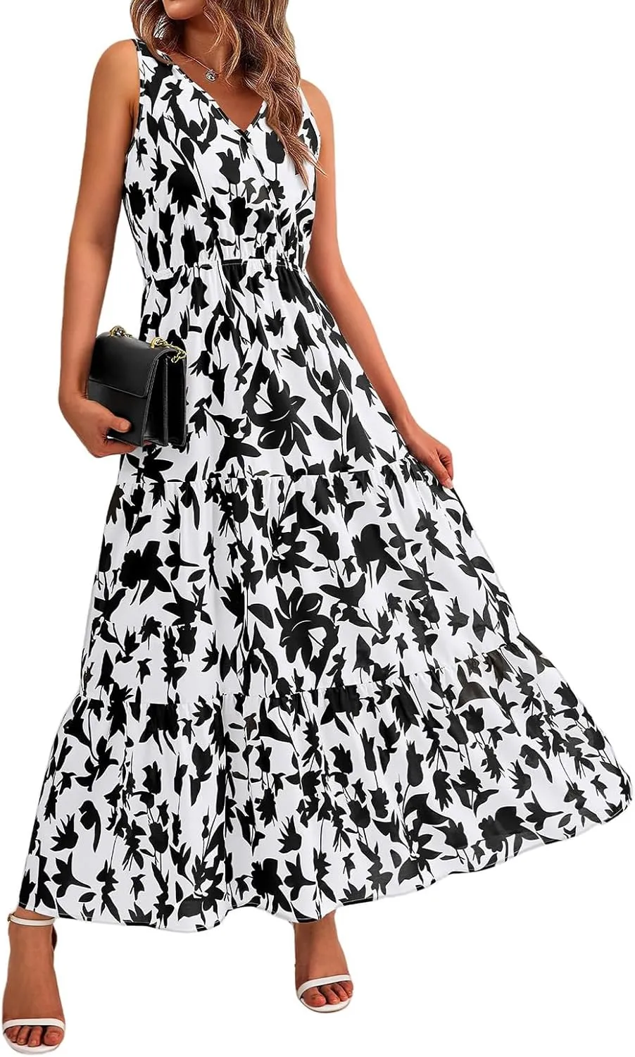 Dresses for Women Trendy Boho Floral V Neck Long Sundress Casual Sleeveless Maxi Dresses High Waist Wedding Guest Dress