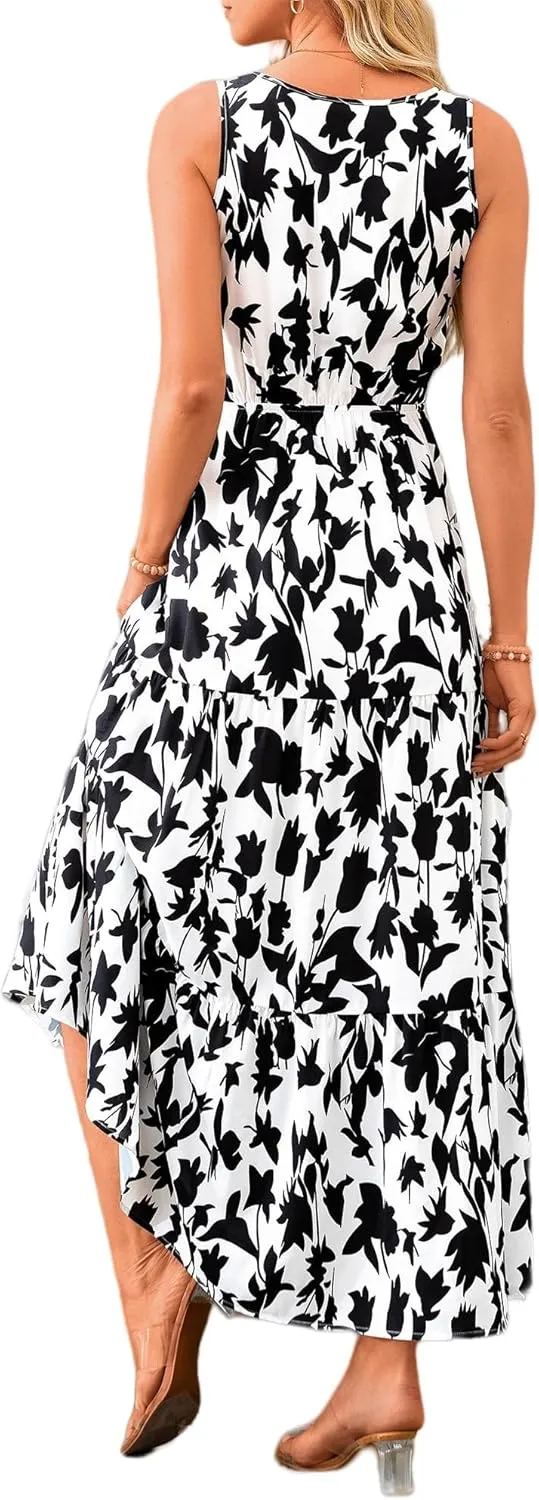 Dresses for Women Trendy Boho Floral V Neck Long Sundress Casual Sleeveless Maxi Dresses High Waist Wedding Guest Dress