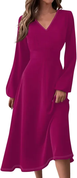 Fall Dresses for Wedding Guest Women Long Sleeve Wrap V Neck Ruffle Belted A-Line Flowy Midi Dresses
