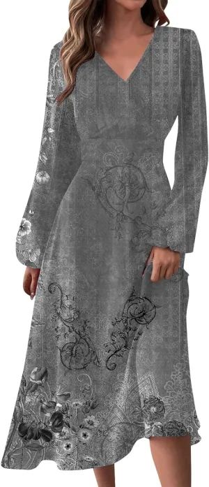 Fall Dresses for Women 2024 Long Sleeve Wrap V Neck Ruffle Belted A-Line Flowy Midi Dresses