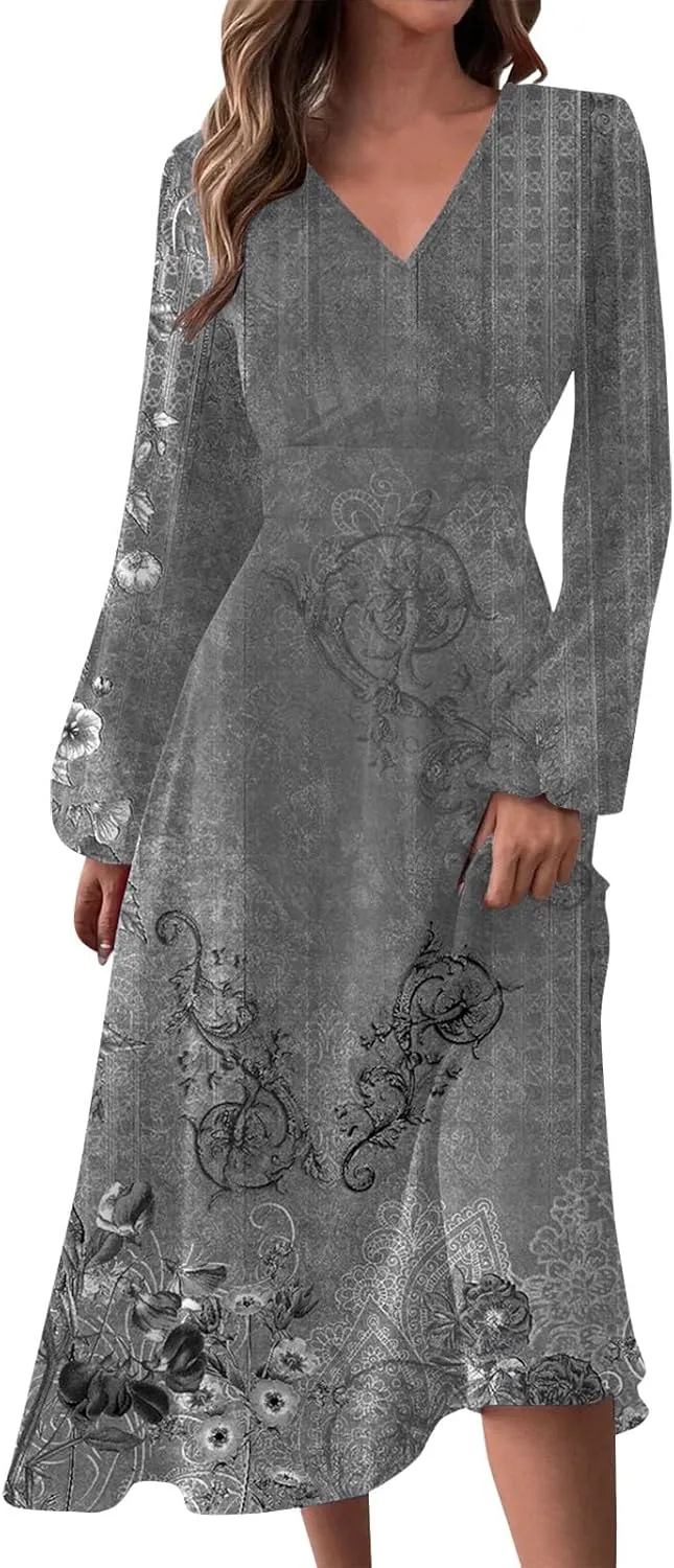 Fall Dresses for Women 2024 Long Sleeve Wrap V Neck Ruffle Belted A-Line Flowy Midi Dresses