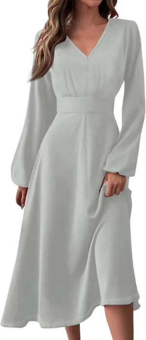 Fall Wedding Guest Dresses for Women Long Sleeve Wrap V Neck Ruffle Belted A-Line Flowy Midi Dresses