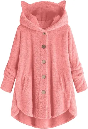 Fleece Jackets for Women,Women Plus Size Button Plush Tops Hooded Patchwork Loose Cardigan Wool Coat Winter Jacket