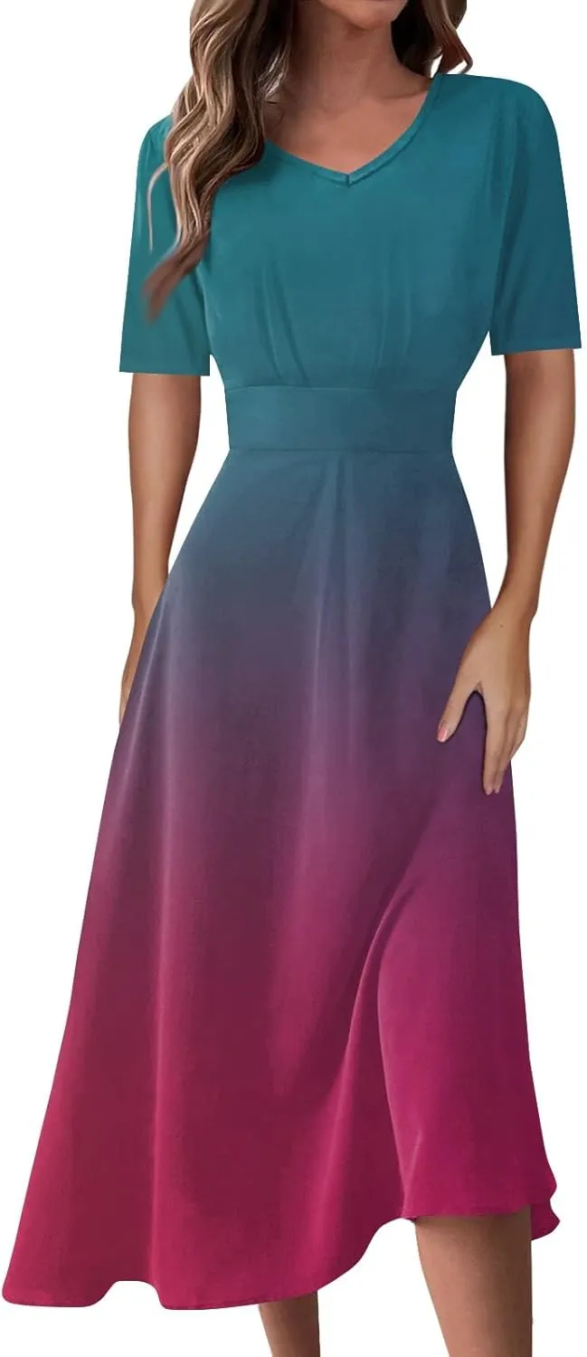 FlekmanArt Maxi Dress for Women Print Short Sleeve A-Line Beach Waist V Neck Trendy Swing Dress