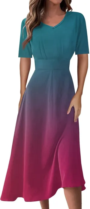 FlekmanArt Maxi Dress for Women Print Short Sleeve A-Line Beach Waist V Neck Trendy Swing Dress
