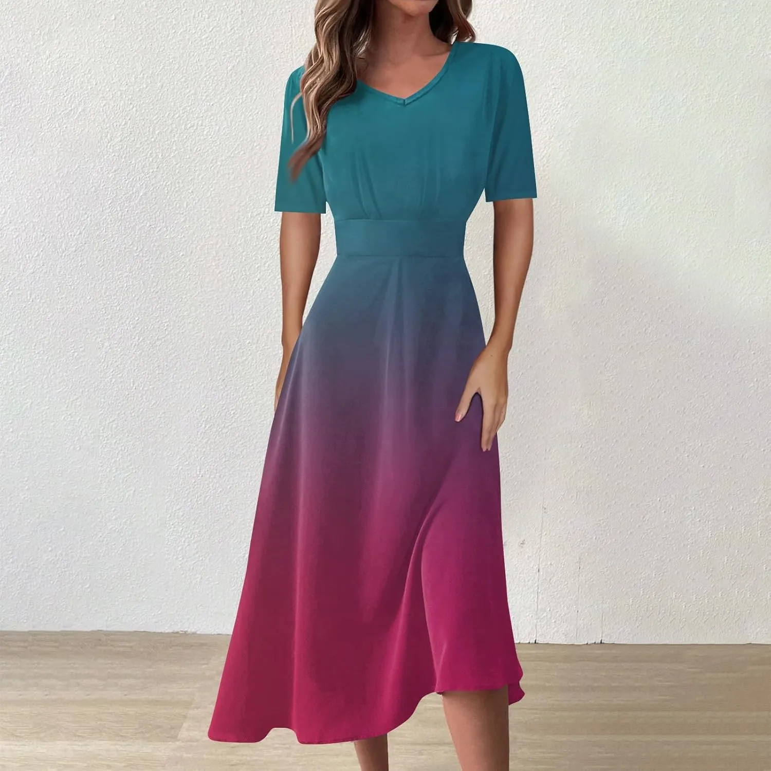 FlekmanArt Maxi Dress for Women Print Short Sleeve A-Line Beach Waist V Neck Trendy Swing Dress