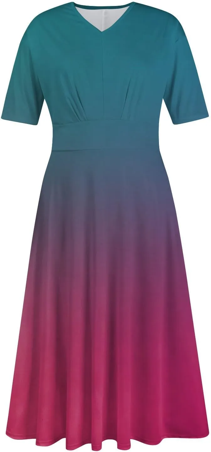 FlekmanArt Maxi Dress for Women Print Short Sleeve A-Line Beach Waist V Neck Trendy Swing Dress