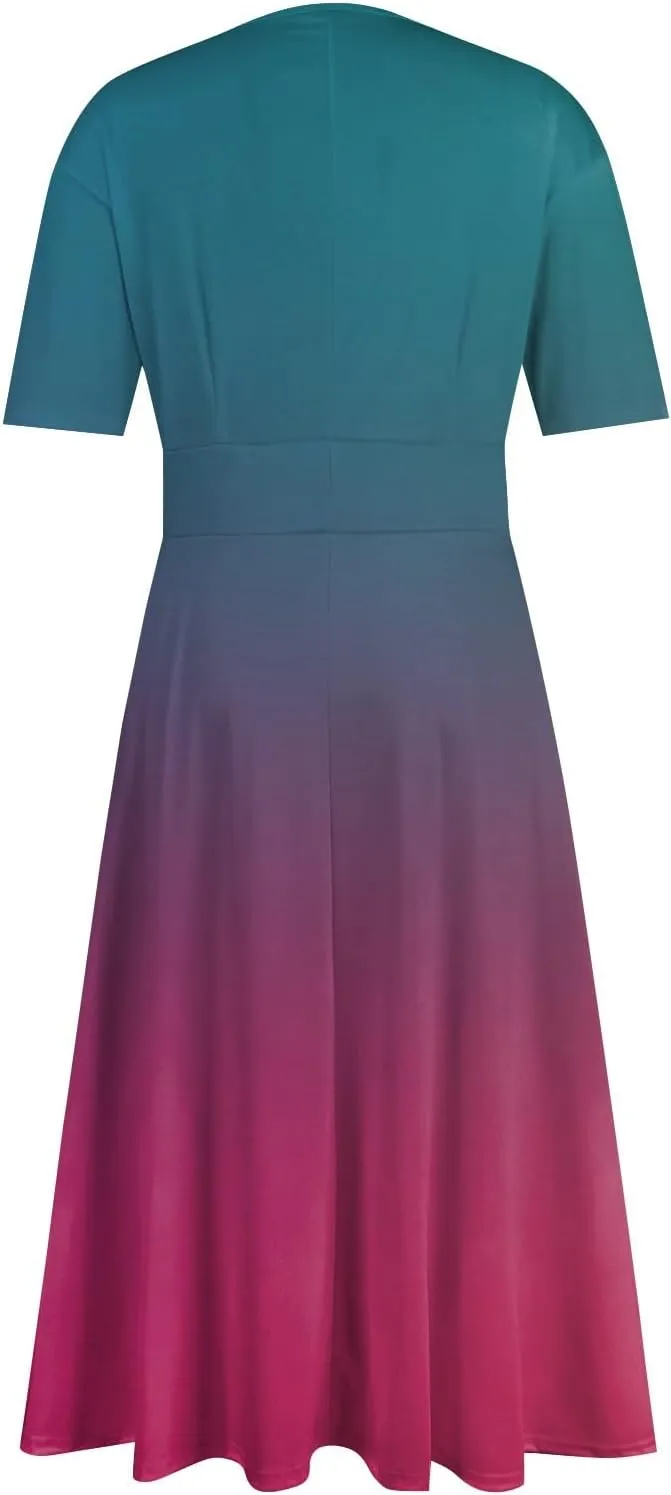 FlekmanArt Maxi Dress for Women Print Short Sleeve A-Line Beach Waist V Neck Trendy Swing Dress