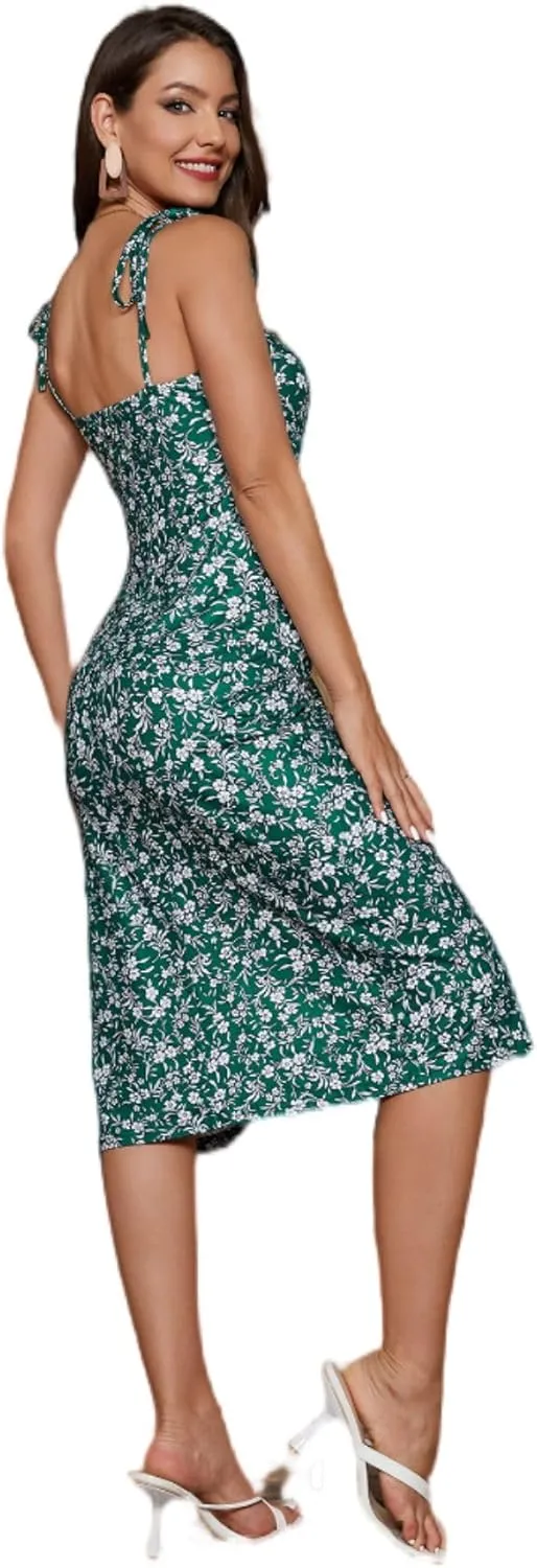 Floerns Women's Summer Split Thigh Spaghetti Strap Cami Midi Floral Dress