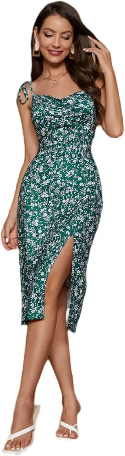 Floerns Women's Summer Split Thigh Spaghetti Strap Cami Midi Floral Dress