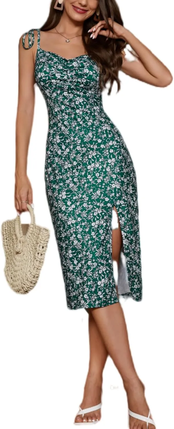 Floerns Women's Summer Split Thigh Spaghetti Strap Cami Midi Floral Dress