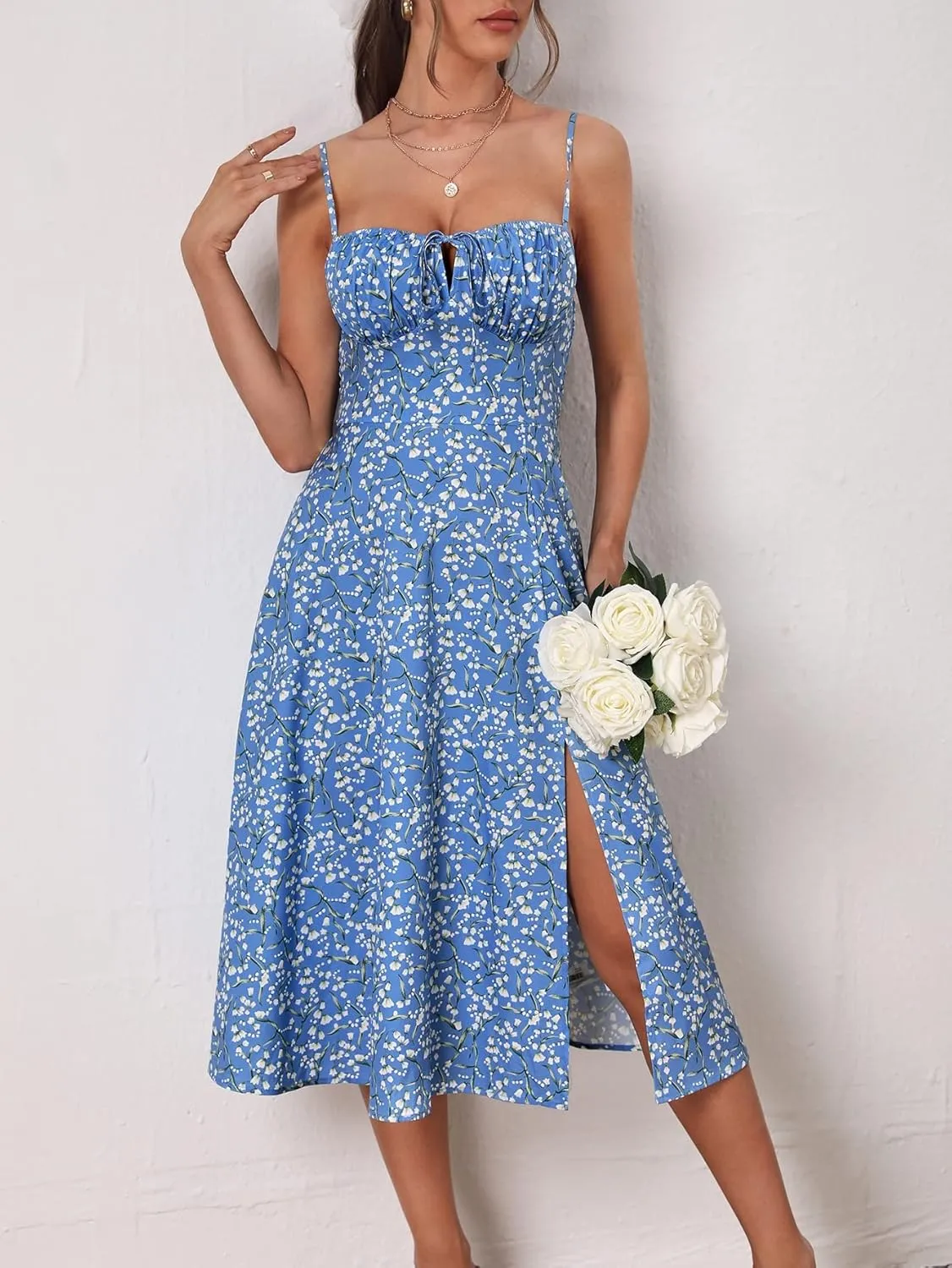 Floerns Women's Summer Split Thigh Spaghetti Strap Cami Midi Floral Dress