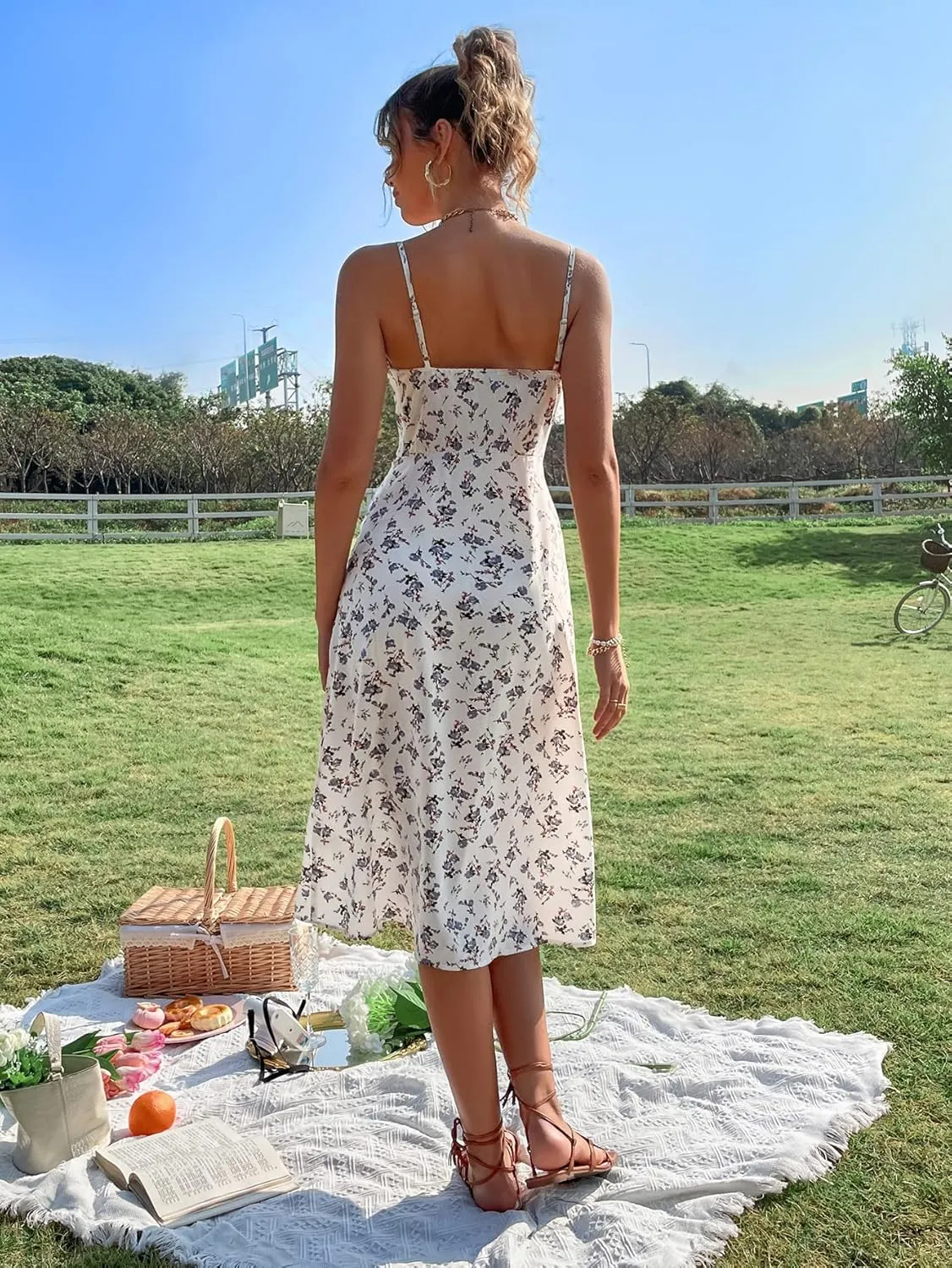 Floerns Women's Summer Split Thigh Spaghetti Strap Cami Midi Floral Dress