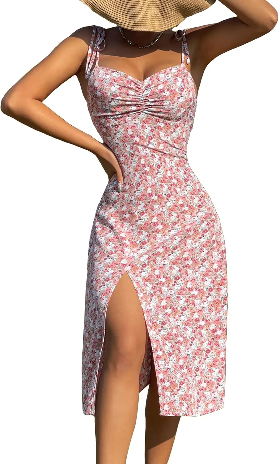 Floerns Women's Summer Split Thigh Spaghetti Strap Cami Midi Floral Dress