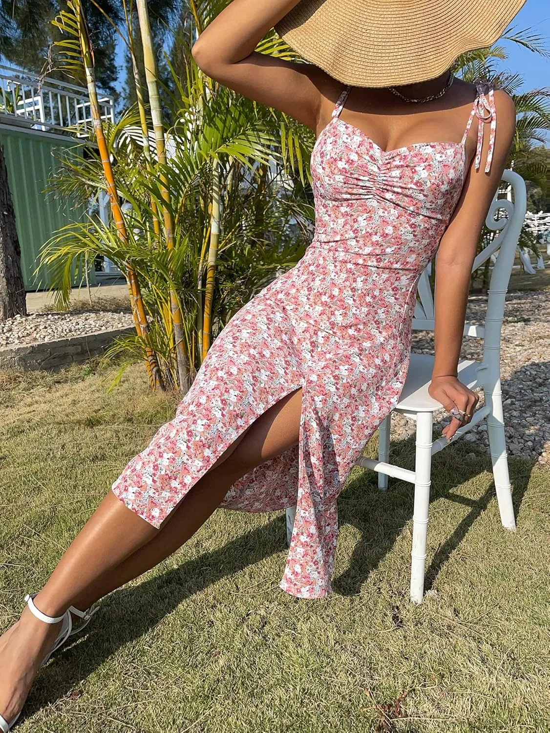 Floerns Women's Summer Split Thigh Spaghetti Strap Cami Midi Floral Dress