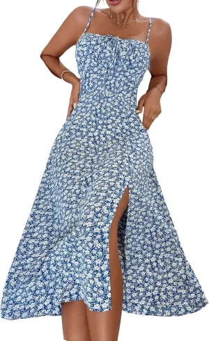 Floerns Women's Summer Split Thigh Spaghetti Strap Cami Midi Floral Dress
