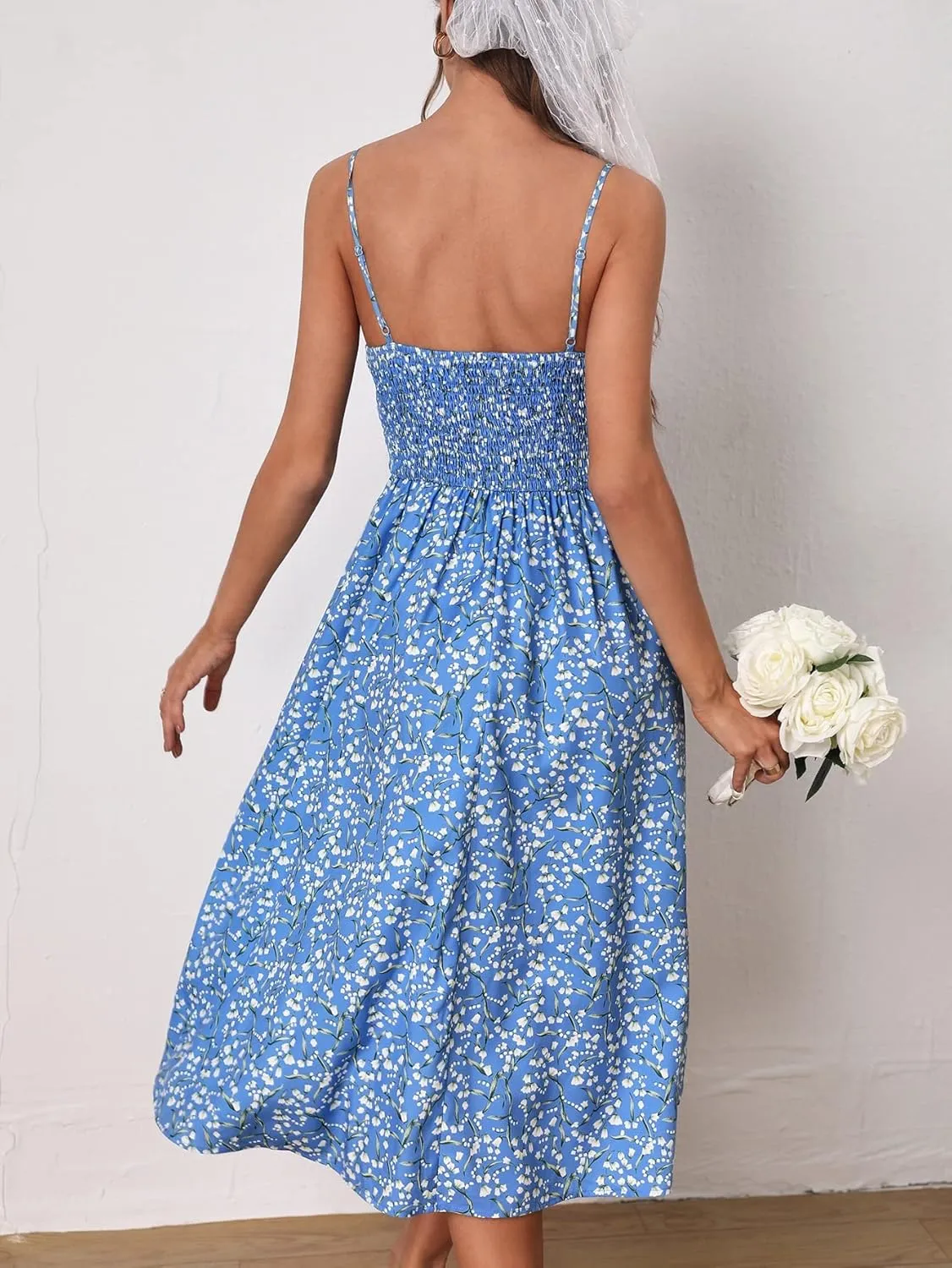 Floerns Women's Summer Split Thigh Spaghetti Strap Cami Midi Floral Dress